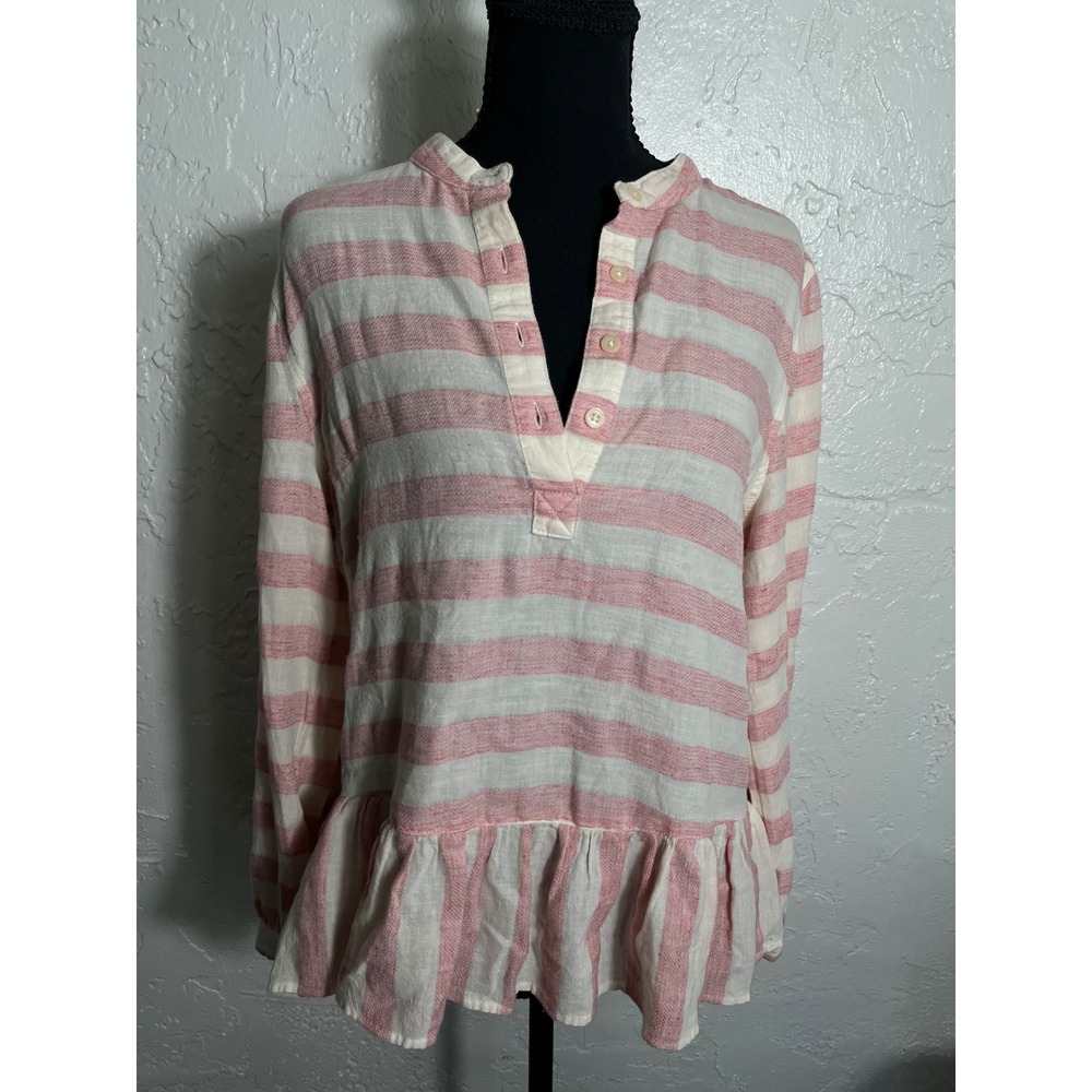 Lucky Brand Pink White Striped Ruffle Hem Henley Tunic Blouse Women's Medium